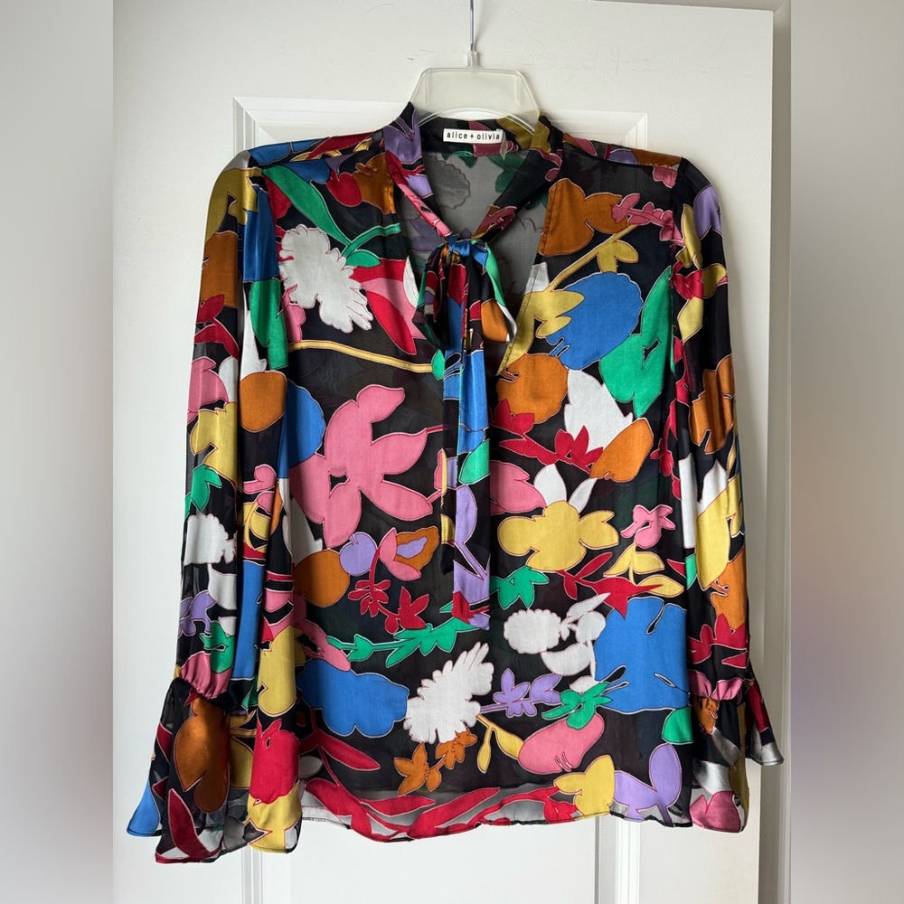 Alice + Olivia Mora Rainbow Tie-Neck Floral Blouson-Sleeve Blouse